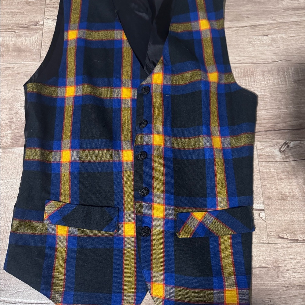 Plaid Button-Up Vest in Black, Blue & Yellow